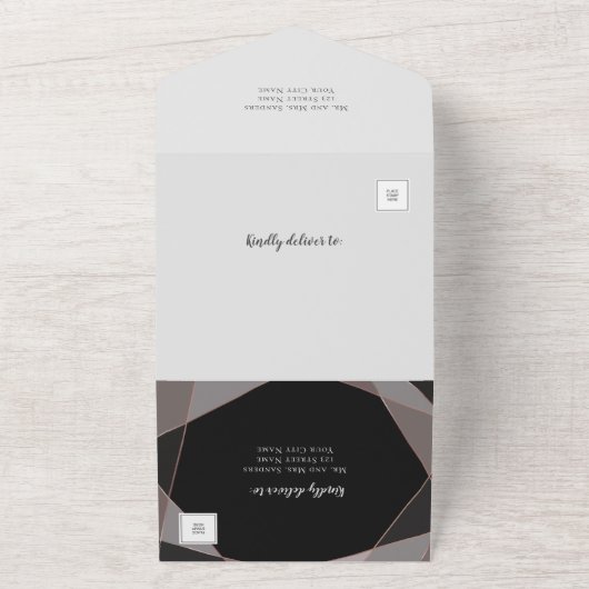 Geometrisches rosa Rose Gold Chalkboard All In One Einladung (Außenbereich)