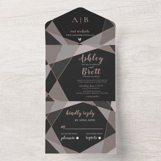 Geometrisches rosa Rose Gold Chalkboard All In One Einladung (Innen Boden)