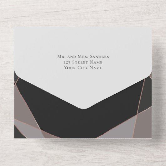 Geometrisches rosa Rose Gold Chalkboard All In One Einladung (Rückseite)