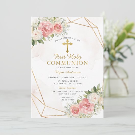 Geometrisches rosa Rosen Erste Heilige Kommunion Einladung (Stehend Vorderseite)