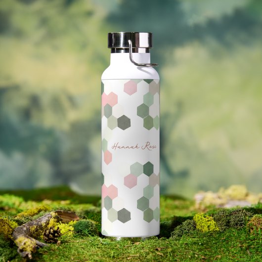 Geometrisches Rosa und grüne Wabenrübe | Monogramm Trinkflasche (Außenbereich)