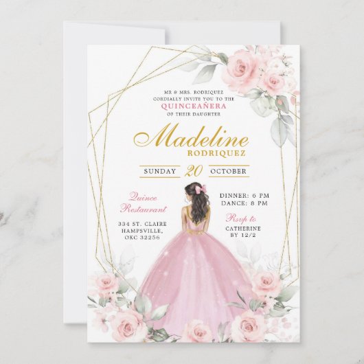 Geometrisches Rosa und Royal Crown Quincanera Einladung (Vorderseite)