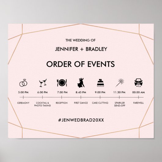 Geometrisches Rose Gold Wedding Timeline-Zeichen Poster (Vorne)