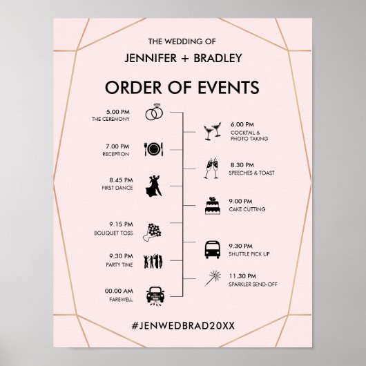 Geometrisches Rose Gold Wedding Timeline-Zeichen Poster (Vorne)