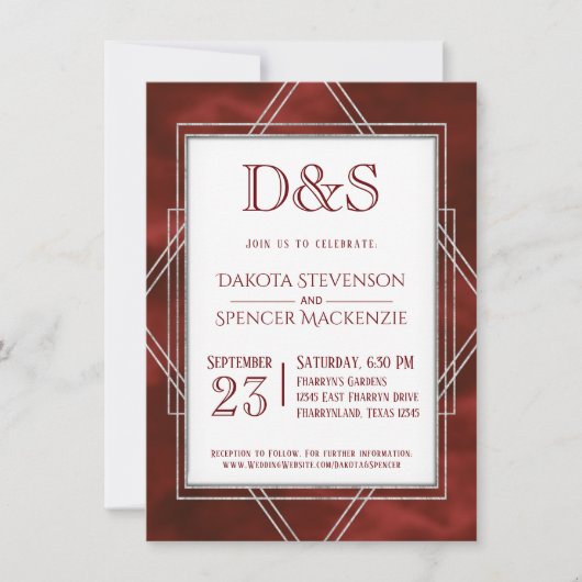 Geometrisches rotes Art Deco | Moderne Monogramm-H Einladung (Vorderseite)