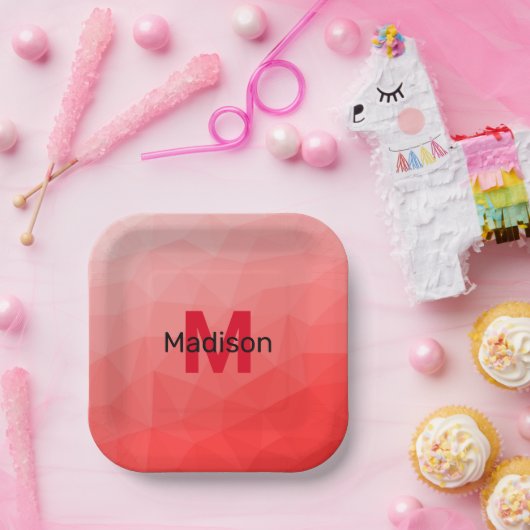 Geometrisches rotes Gradientenmuster Monogramm Pappteller (Party)