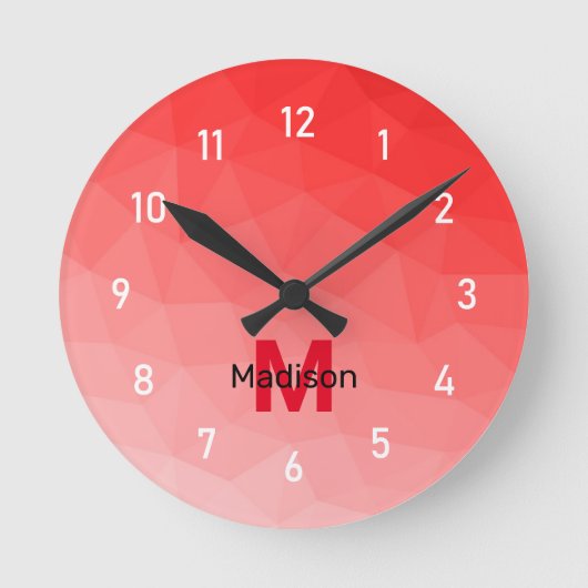 Geometrisches rotes Gradientenmuster Monogramm Runde Wanduhr (Vorderseite)