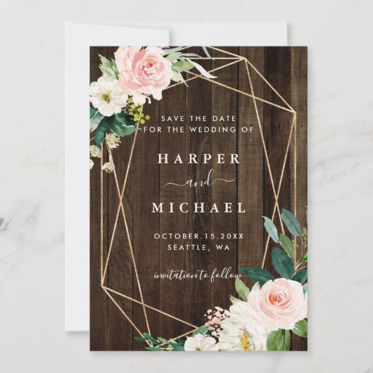 Geometrisches, rustikales Foto für Holzhochzeiten Save The Date (Vorderseite)