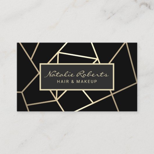 Geometrisches Schwarz & Gold Haare Stylist Schönhe Visitenkarte (Vorderseite)