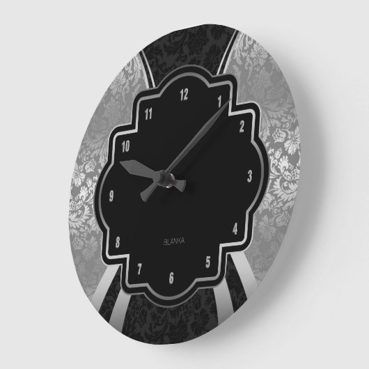 Geometrisches Schwarz-Silber-Damasdesign Große Wanduhr (Winkel)