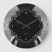 Geometrisches Schwarz-Silber-Damasdesign Große Wanduhr (Vorderseite)
