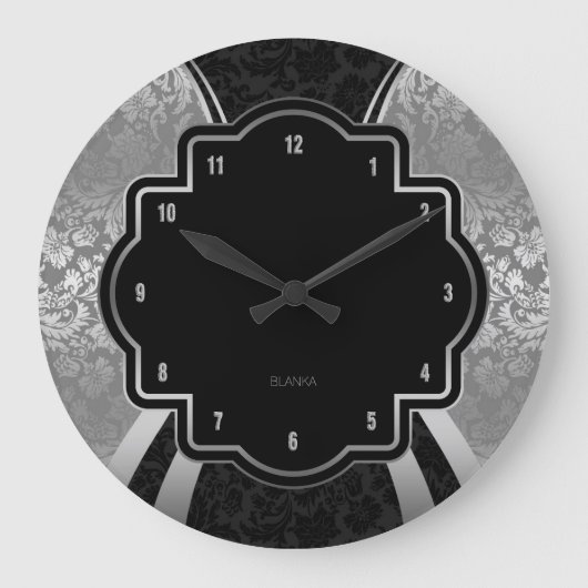 Geometrisches Schwarz-Silber-Damasdesign Große Wanduhr (Vorderseite)