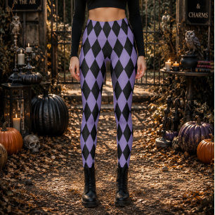 Geometrisches Schwarz und Lila Diamant Halloween Leggings