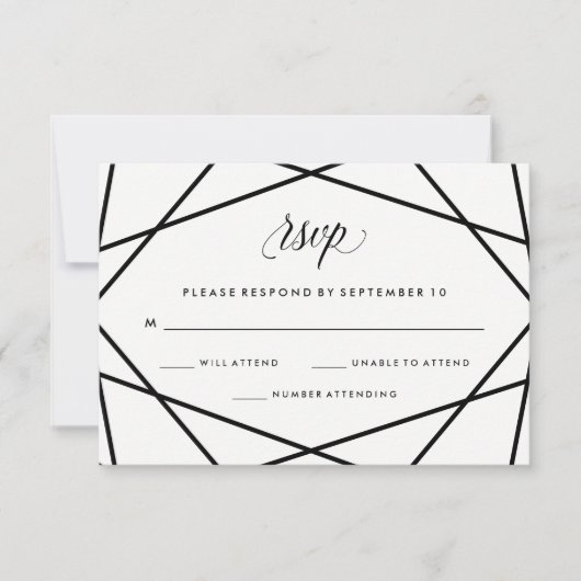 Geometrisches Schwarz-Weiß-Hochzeitsszenario RSVP Karte (Vorderseite)