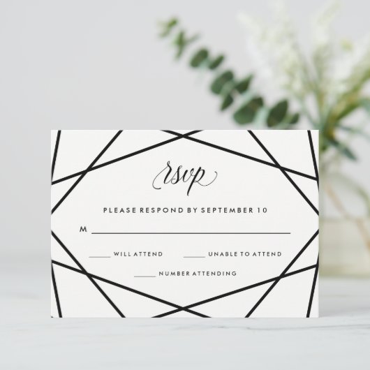 Geometrisches Schwarz-Weiß-Hochzeitsszenario RSVP Karte (Stehend Vorderseite)