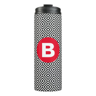 Geometrisches Schwarz-Weiß-Muster rotes Monogramm Thermosbecher