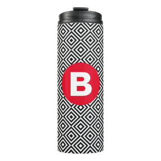 Geometrisches Schwarz-Weiß-Muster rotes Monogramm Thermosbecher