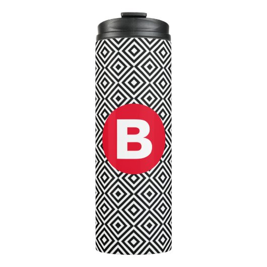 Geometrisches Schwarz-Weiß-Muster rotes Monogramm Thermosbecher (Vorderseite)