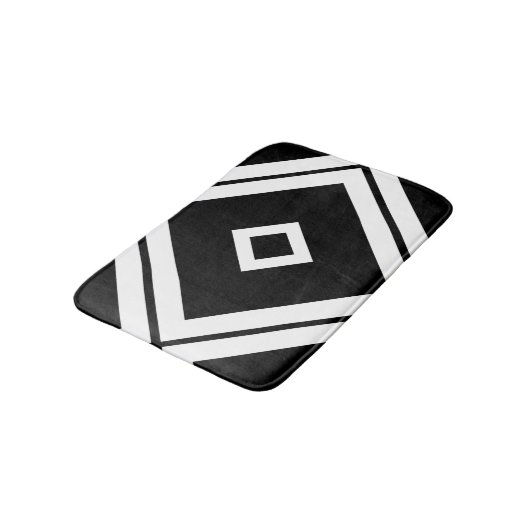 Geometrisches Schwarz-Weiß-Quadrat-Muster Badematte (Schrägansicht)
