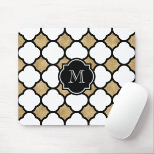 Geometrisches Schwarz-weißes Quatrefolienmonogramm Mousepad