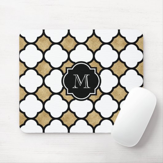 Geometrisches Schwarz-weißes Quatrefolienmonogramm Mousepad (Mit Mouse)
