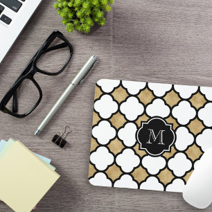 Geometrisches Schwarz-weißes Quatrefolienmonogramm Mousepad