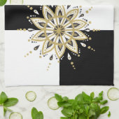 Geometrisches Schwarzes Gold und Weiß Mandala 2a Küchentuch (Gefaltet)