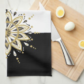 Geometrisches Schwarzes Gold und Weiß Mandala 2a Küchentuch (Viertel Falte)