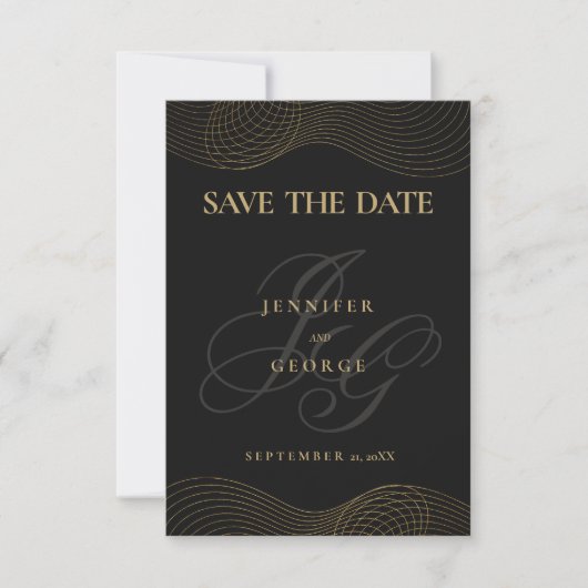 Geometrisches Schwarzgold-Monogramm Save the Date (Vorderseite)