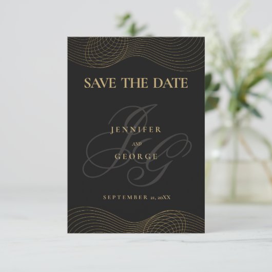 Geometrisches Schwarzgold-Monogramm Save the Date (Stehend Vorderseite)
