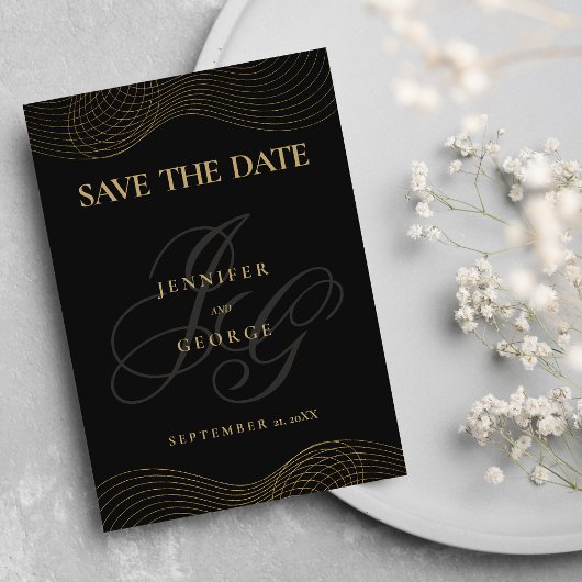 Geometrisches Schwarzgold-Monogramm Save the Date