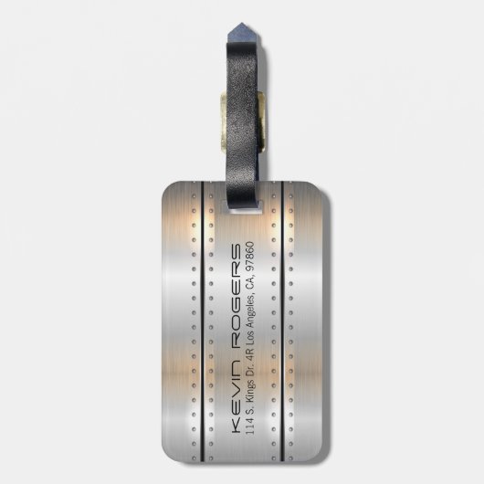 Geometrisches, silbergrau gebürstetes Aluminium Gepäckanhänger (Rückseite vertikal)