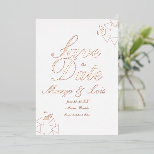 Geometrisches Skript Save the Date gedrückt Folieneinladung (Stehend vorne)