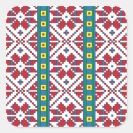 Geometrisches Stammmuster rot, blau und weiß mit S Quadratischer Aufkleber
