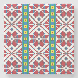 Geometrisches Stammmuster rot, blau und weiß mit S Steinuntersetzer