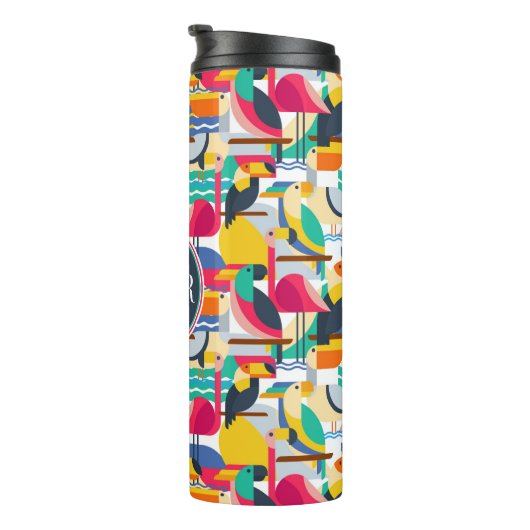 Geometrisches tropisches Monogramm der Vogel-| Thermosbecher (Nach rechts gedreht)