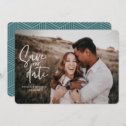 Geometrisches und Skripthochzeitungs-Foto Save The Date (Vorne/Hinten)