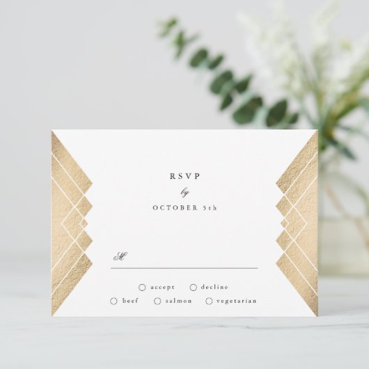 Geometrisches Vintag Graugoldgatsby Wedding RSVP (Stehend Vorderseite)