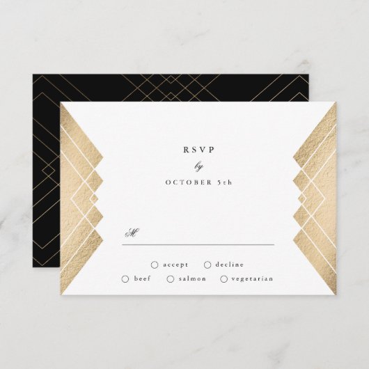 Geometrisches Vintages Black Gatsby Wedding RSVP (Vorne/Hinten)