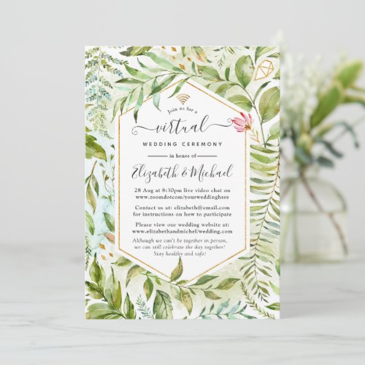 Geometrisches virtuelles Hochzeitsszenario Einladung (Stehend Vorderseite)