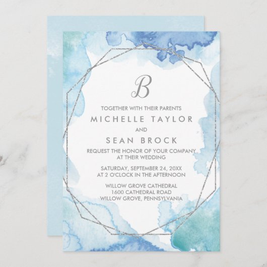 Geometrisches Wasserfarbensilber-Monografie Einladung (Vorne/Hinten)