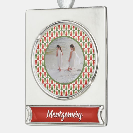 Geometrisches Weihnachtsbaum-Wäldchen Banner-Ornament Silber (Links)