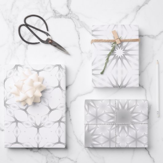 Geometrisches Weiß- und Silbermuster Geschenkpapier Set (Vorderseite)