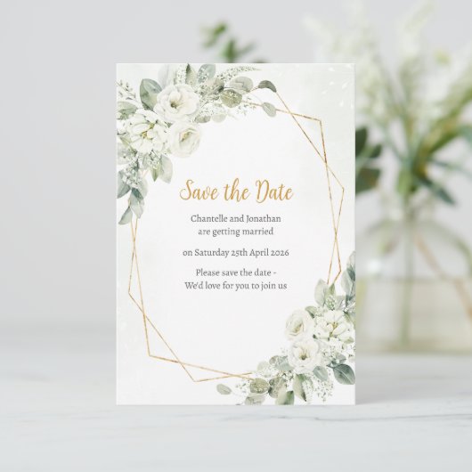 Geometrisches weißes Blumenmuster Save The Date (Stehend Vorderseite)