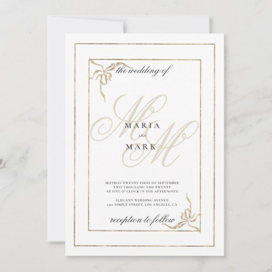 Geometrisches weißes Goldbogen-Monogramm Hochzeit Einladung (Vorderseite)