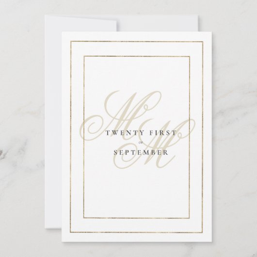 Geometrisches weißes Goldbogen-Monogramm Hochzeit Einladung (Rückseite)