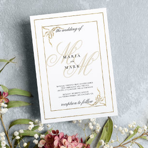 Geometrisches weißes Goldbogen-Monogramm Hochzeit Einladung