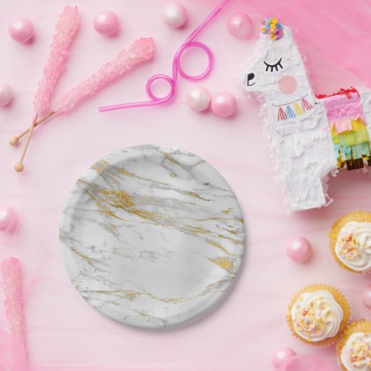 Geometrisches weißes graues Carrara-Gold-Marmor Pappteller (Party)