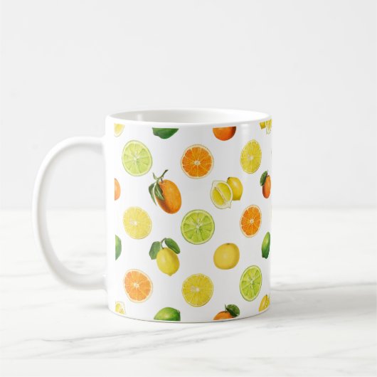 Geometrisches Zitrusfrucht-Erfrischungsmuster Kaffeetasse (Links)