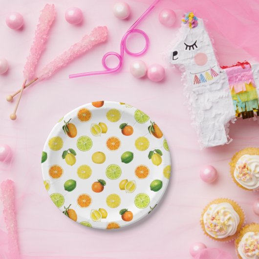 Geometrisches Zitrusfrucht-Erfrischungsmuster Pappteller (Party)